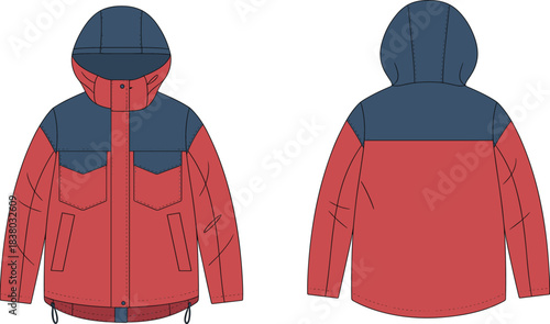 Hooded jacket front and back view, two-tone design, blue and red colors, zipper, pockets, fashion, outerwear, apparel, clothing