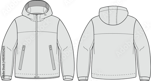 Hooded jacket technical sketch, front and back view, fashion flat drawing, garment design template, apparel vector illustration, zipper, pockets, seams