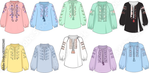 Colorful Embroidered Blouses with Floral Designs in Pastel Shades