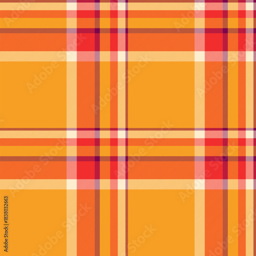 Living room textile check pattern, garment plaid fabric vector. Spring tartan texture seamless background in orange and red colors.