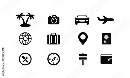 Black silhouette icons representing travel destinations and vacation elements