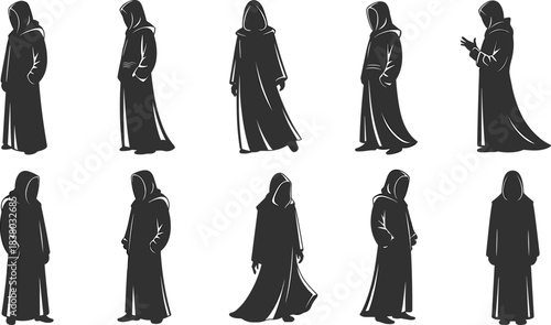 Hooded robed figures, silhouette illustration, fantasy character design, mysterious cloaked people, dark wizard concept, medieval monk, eerie poses, storytelling
