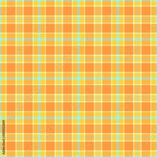 Package tartan pattern texture, packaging background check textile. Male vector seamless fabric plaid in amber and yellow colors.