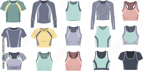 Set of Colorful Athletic Sports Bras and Workout Shirts in Modern Design