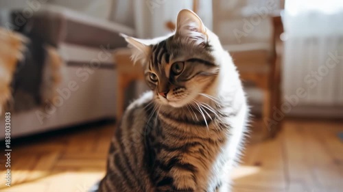 Adorable tabby cat posing indoors in natural light, perfect for pet and animal content showcasing