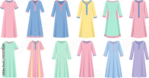 Colorful Long Sleeve Dresses in Pastel Shades on White Background