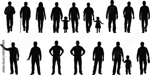 Human silhouette, family figures, walking people, diverse poses, adult and child, relationship concept, social behavior, lifestyle, interaction, black vector