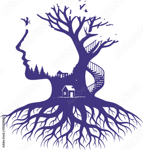 Human tree silhouette, nature mind fusion, purple art, roots and branches, consciousness, growth, home, forest, staircase, surreal vector