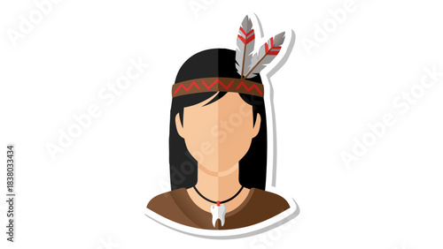 Flat Illustration of a Person Wearing a Feathered Headband and a Tooth Necklace Against a Black Background Ideal for Cultural Representation and Iconography Designs