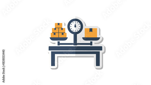 Flat illustration of a two pan balance scale weighing stacked cardboard boxes against a single box symbolizing logistics and shipping balance