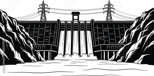 Hydroelectric dam illustration, water spillway vector, renewable energy infrastructure, electricity generation, rocky cliffs, transmission towers, black silhouette, power plant