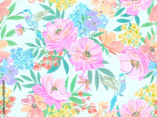 Wallpaper Mural Hand painted elegant pastel style spring and summer floral seamless pattern with cute humming birds. pink peony and wild flower textile design for fabric, home decor, interior and stationary. Torontodigital.ca