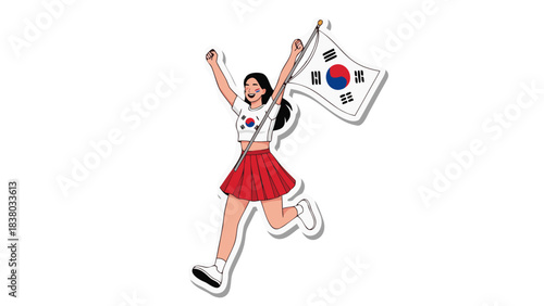 Excited Young Woman Joyfully Running While Waving a Korean Flag in Celebration Cheering with Arms Raised High Wearing Red Skirt and White Top Under Bright Daylight