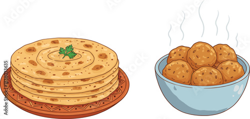 Indian flatbread, chapati stack, cilantro garnish, hot fried snacks, golden pakoras, traditional cuisine, steaming food, cultural meal, authentic taste, delicious