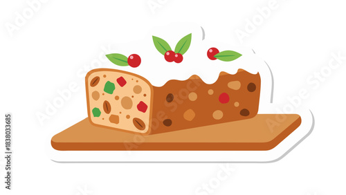 Festive fruitcake topped with white icing and red berries adorned with green leaves on a wooden board a sweet holiday dessert with colorful candied fruit and nuts