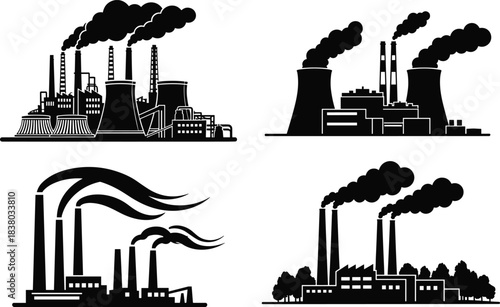 Industrial factory, power plant, smoke pollution, energy production, air pollution, industry silhouette, environment impact, manufacturing plant, carbon emission, climate change