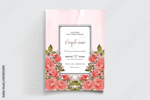 WEDDING INVITATION FRAME WITH FLOWER DECORATIONS AND FRESH LEAVES