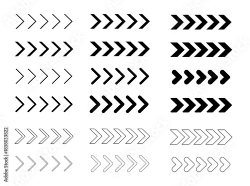 Set of black chevron arrows of different thickness. Ornament with repeated V shaped stripes. Pointer, road caution, military, navigation signs isolated on white background. Vector flat illustration