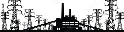 Industrial power plant silhouette, transmission towers, energy infrastructure, electricity distribution, smokestacks, high voltage lines, utility grid, rural landscape, sunset, dramatic sky