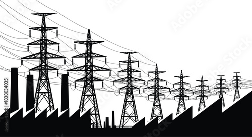 Industrial silhouette vector, power plant illustration, electricity transmission tower, energy infrastructure design, factory skyline icon, editable black landscape art