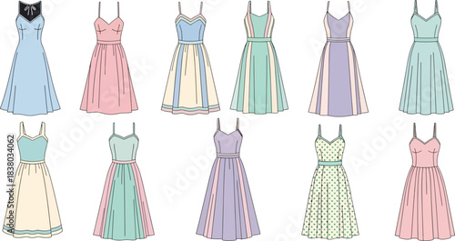 Collection of pastel colored summer dresses with spaghetti straps and floral patterns