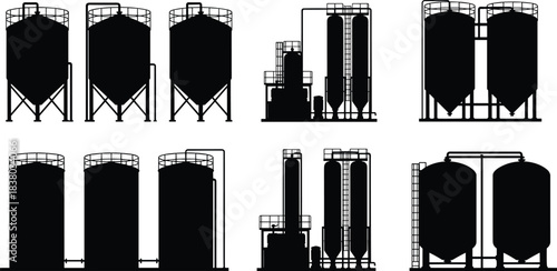 Industrial silos vector illustration, black and white storage tanks, agricultural grain silos, factory equipment design, chemical plant containers, industry concept