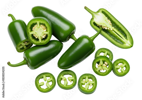 Vibrant green jalapeño peppers: whole, sliced, and halved, revealing white pith and seeds, artfully arranged on a transparent studio background. Concept of fresh spicy ingredients