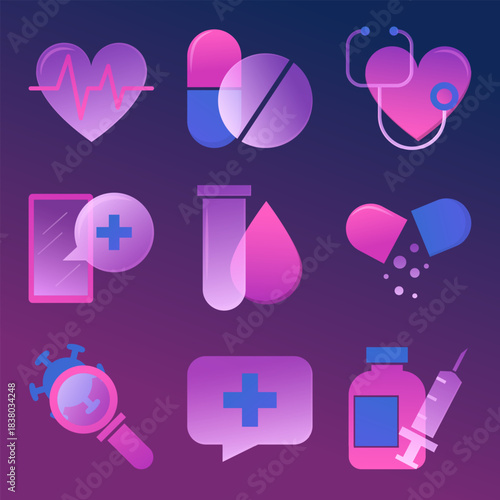 Transparent medicine icon set vector isolated. Collection of medical icons, concept of health and science. Symbols of heart, cross, drug and test tube. Glassmorphism style.