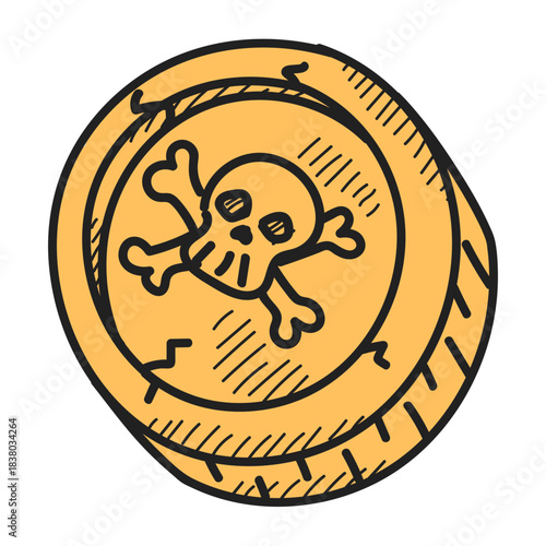 Golden pirate coin doodle icon vector isolated. Hand-drawn illustration of a coin with pirate symbol on it, skull and crossed bones. Pirate treasure. Symbol of wealth.