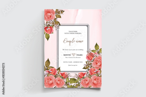 WEDDING INVITATION FRAME WITH FLOWER DECORATIONS AND FRESH LEAVES