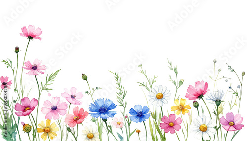 Watercolor depiction of assorted wildflowers in bloom, arranged along the bottom edge