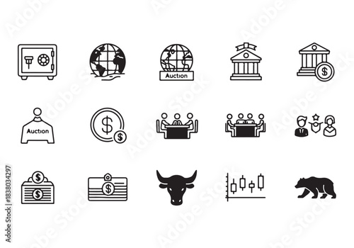 Bank and finance icon set. Business and corporation vector signs. Contain symbol of safe, global market, auction, crowd funding, start up, meeting, stock, bull and bear.