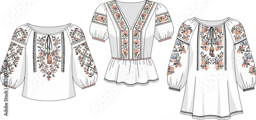 Traditional Embroidered Blouses with Floral Patterns on White Fabric