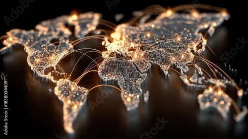 Fototapeta Naklejka Na Ścianę i Meble -  Glowing Orange Digital World Map with Network Connection Lines, Abstract Concept of Global Communication, Internet Technology, and International Business