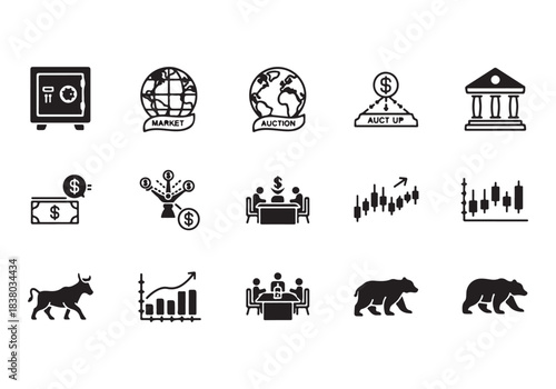 Bank and finance icon set. Business and corporation vector signs. Contain symbol of safe, global market, auction, crowd funding, start up, meeting, stock, bull and bear.