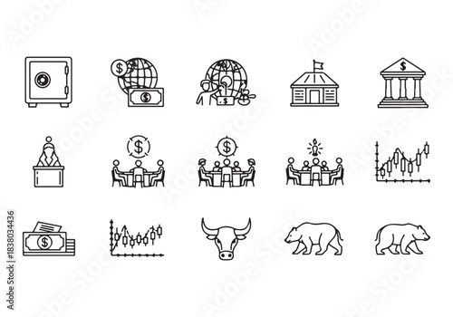 Bank and finance icon set. Business and corporation vector signs. Contain symbol of safe, global market, auction, crowd funding, start up, meeting, stock, bull and bear.
