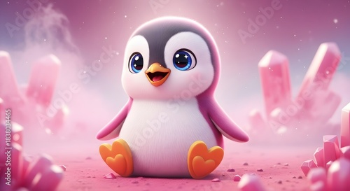 Cute baby penguin sitting near pink crystal rocks. Fantasy landscape and nursery art. Adorable 3D cartoon bird smiling in magical winter setting.