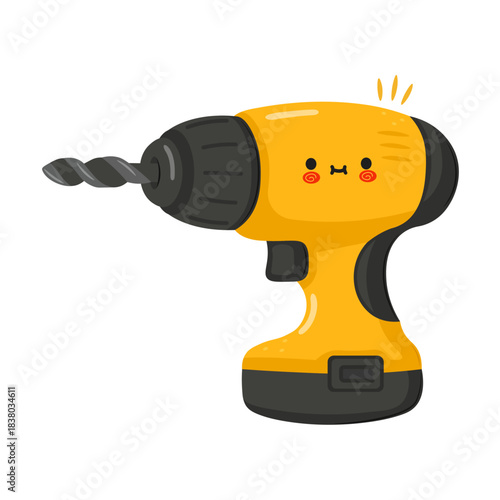 Cute cartoon drill power tool character with happy face