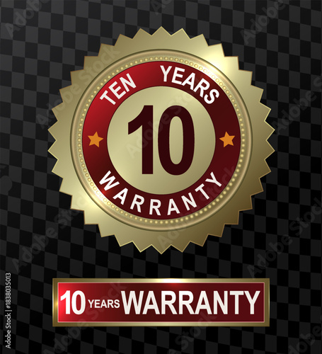 Round and rectangular emblems in gold color with the text ten year product warranty.