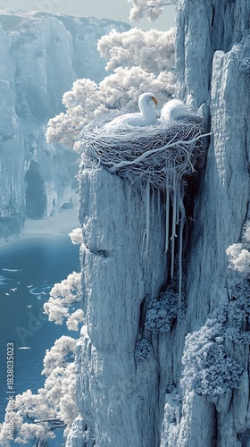 Serene cliffside swan nest overlooking the tranquil waters of a fjord
