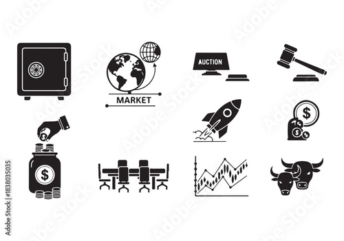 Bank and finance icon set. Business and corporation vector signs. Contain symbol of safe, global market, auction, crowd funding, start up, meeting, stock, bull and bear.