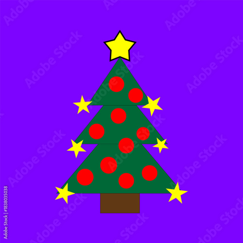 Christmas tree Vector. Star ornament detail. Red circle decoration. Bright purple background.