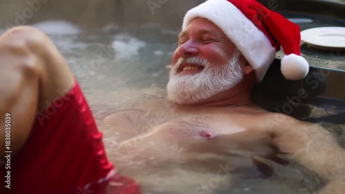 Santa Claus blissfully relaxing in a bubbling jacuzzi. The ultimate Christmas luxury and relaxation video for wellness ads.