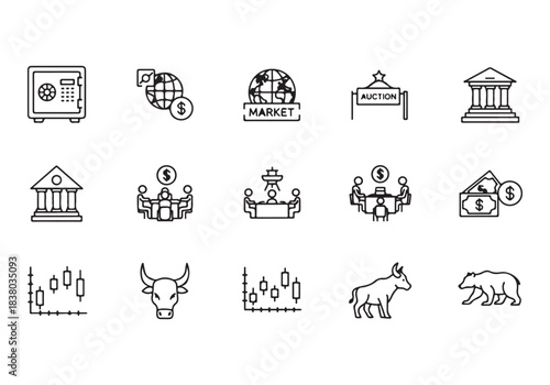 Bank and finance icon set. Business and corporation vector signs. Contain symbol of safe, global market, auction, crowd funding, start up, meeting, stock, bull and bear.