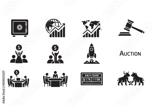 Bank and finance icon set. Business and corporation vector signs. Contain symbol of safe, global market, auction, crowd funding, start up, meeting, stock, bull and bear.