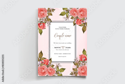 WEDDING INVITATION FRAME WITH FLOWER DECORATIONS AND FRESH LEAVES