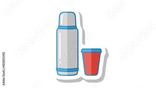 Gray and Blue Insulated Thermos Bottle Next To A Red And Blue Cup Isolated On Black Background Flat Design Style