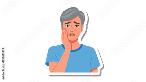 Gray Haired Person Holding Cheek In Pain Experiencing Toothache Dental Problem Illustration on Black Background With Sticker Effect