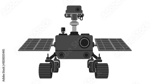 Gray robotic rover with solar panels and wheels isolated on black background robotic exploration vehicle