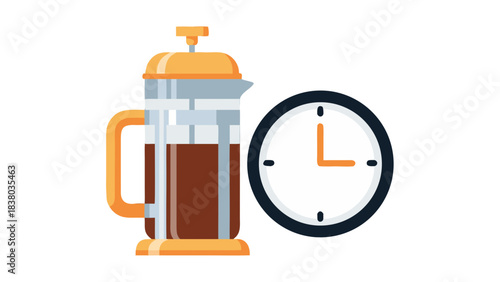 French Press Coffee Maker With Brewed Coffee Next To A Simple Clock Indicating Time For Brewing Or Preparation Isolated On A Black Background